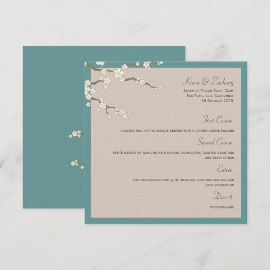 White Sakura Cherry Blossom Modern Asian Wedding Menu (Voorkant / Achterkant)