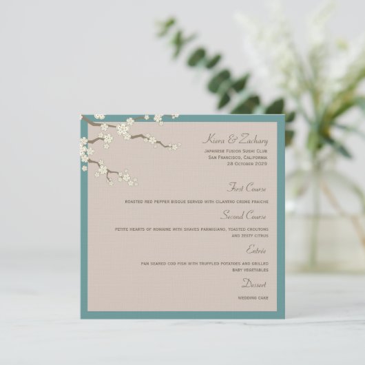 White Sakura Cherry Blossom Modern Asian Wedding Menu (Staand voorkant)