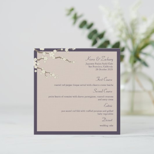 White Sakura Cherry Blossom Modern Asian Wedding Menu (Staand voorkant)