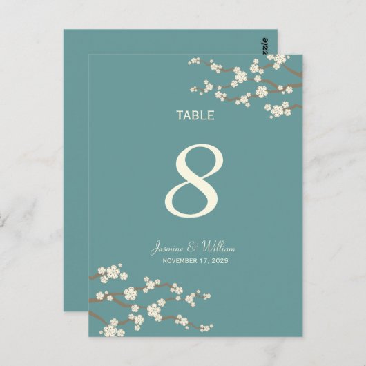 White Sakura Cherry Blossom Table Number Briefkaar Briefkaart (Voorkant / Achterkant)