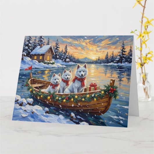 White Samoyed Christmas Boat Holiday Kaart (Gele Bloem)