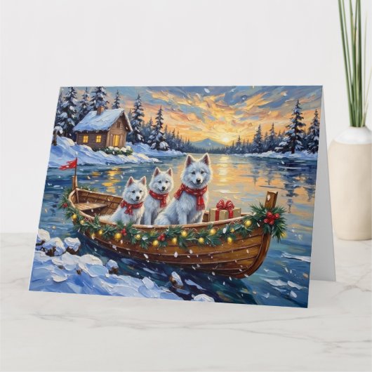 White Samoyed Christmas Boat Holiday Kaart (Voorkant)