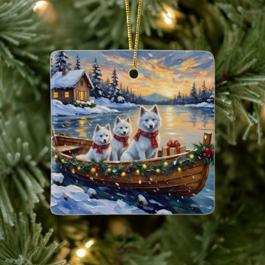 White Samoyed Christmas Boat Holiday Keramisch Ornament (Boom)