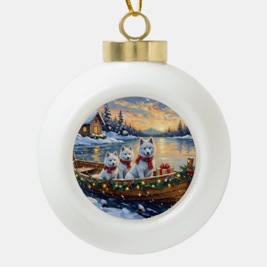 White Samoyed Christmas Boat Holiday Keramische Bal Ornament (Voorkant)