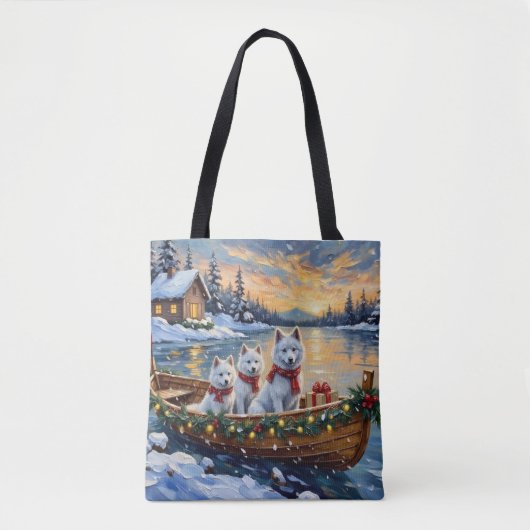 White Samoyed Christmas Boat Holiday Tote Bag (Voorkant)
