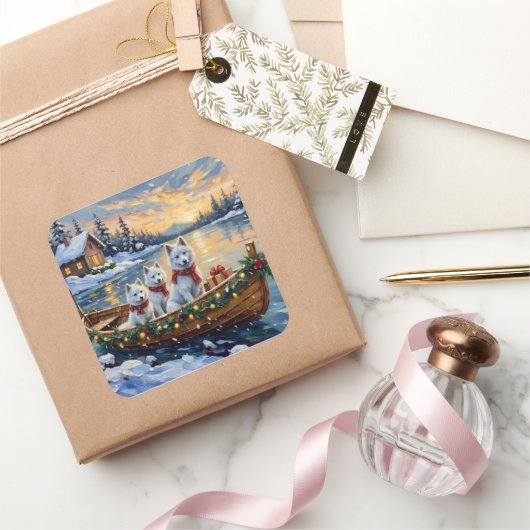 White Samoyed Christmas Boat Holiday Vierkante Sticker (Geschenken)