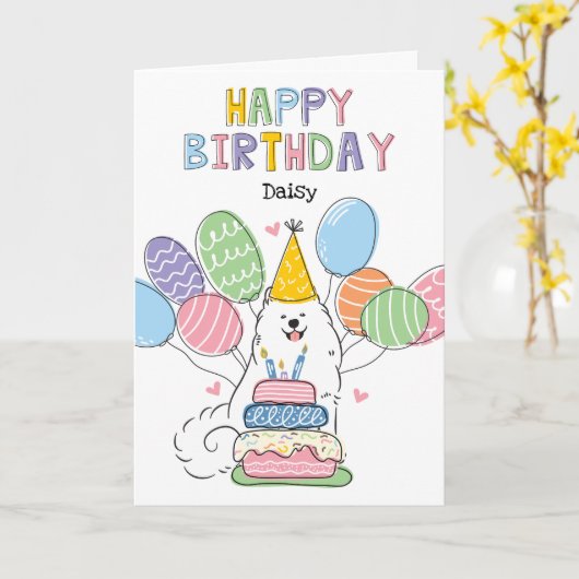 White Samoyed Dog Happy Birthday Kaart (Gele Bloem)