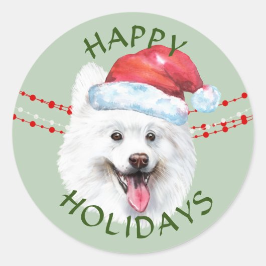 White Samoyed Dog Santa Hat Prettige feestdagen Ronde Sticker (Voorkant)