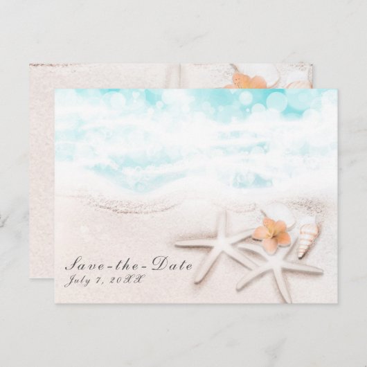 White Sand Beach Starfish Blue Ocean Save the Date Aankondigingskaart (Voorkant / Achterkant)
