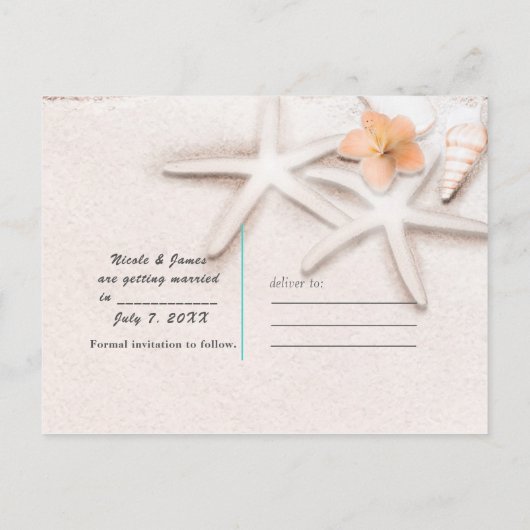 White Sand Beach Starfish Blue Ocean Save the Date Aankondigingskaart (Achterkant)