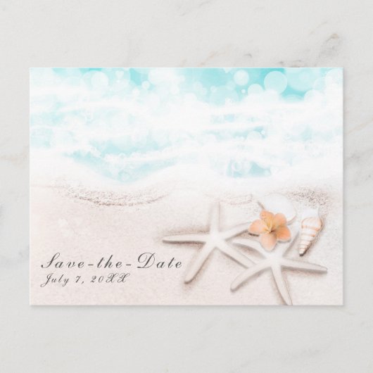 White Sand Beach Starfish Blue Ocean Save the Date Aankondigingskaart (Voorkant)