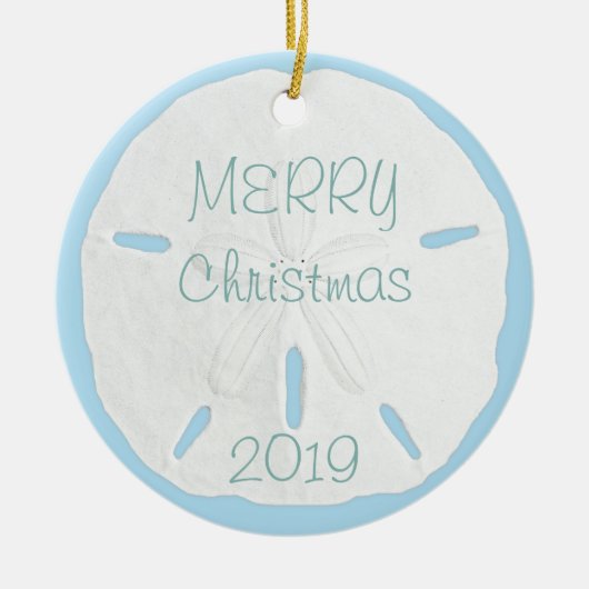 White Sand Dollar op Blue Tropical Kerstmis Keramisch Ornament (Voorkant)