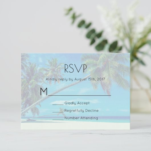 White Sandy Beach with Coconut Palms Wedding RSVP (Staand voorkant)