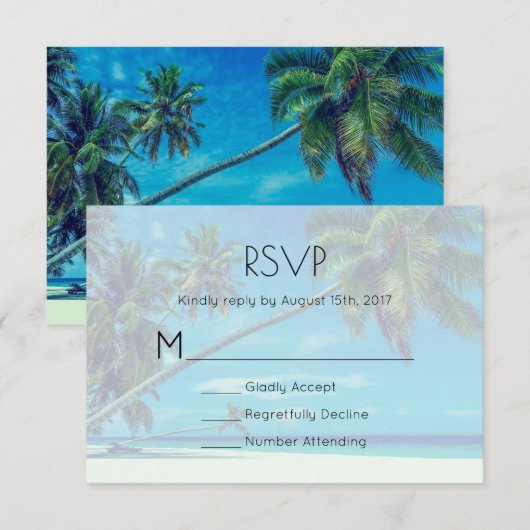 White Sandy Beach with Coconut Palms Wedding RSVP (Voorkant / Achterkant)