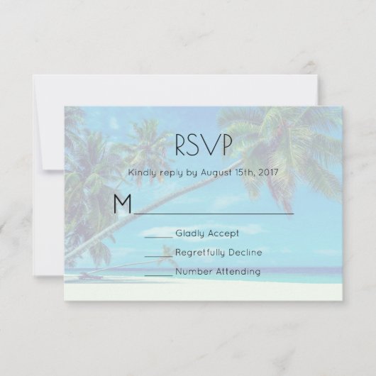 White Sandy Beach with Coconut Palms Wedding RSVP Kaartje (Voorkant)