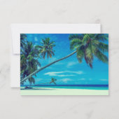 White Sandy Beach with Coconut Palms Wedding RSVP Kaartje (Achterkant)