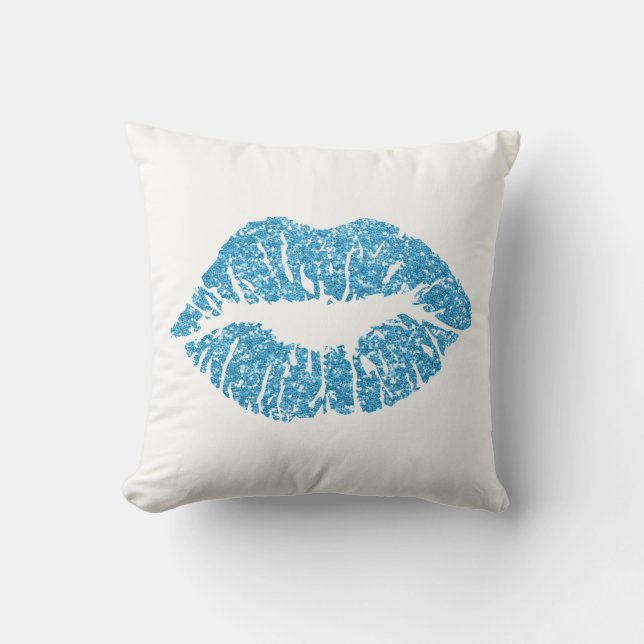 White Sapphire Blue Glitter Kiss Lips Makeup Kussen (Voorkant)