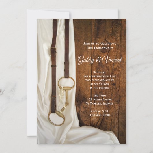 White Satin and Horse Bit Western Engagement Party Kaart (Voorkant)