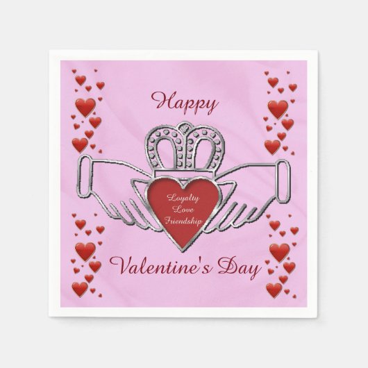 White Satin Claddagh Symbol Pink Valentijn Napkins Servetten (Voorkant)