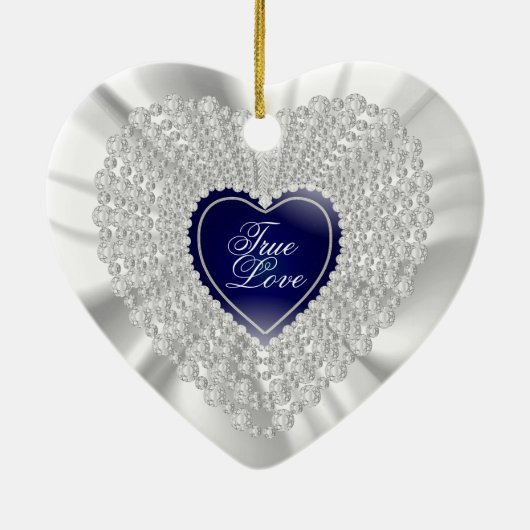 White Satin & Diamonds Wedding Keepslag |Navy Blue Keramisch Ornament (Achterkant)