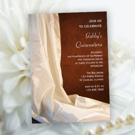 White Satin on Brown Quinceañera Party Invitation Kaart