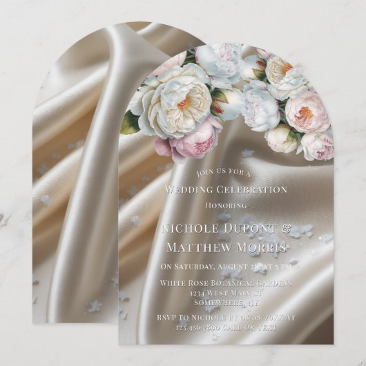 White Satin Roses and Peony Wedding Kaart (Voorkant / Achterkant)