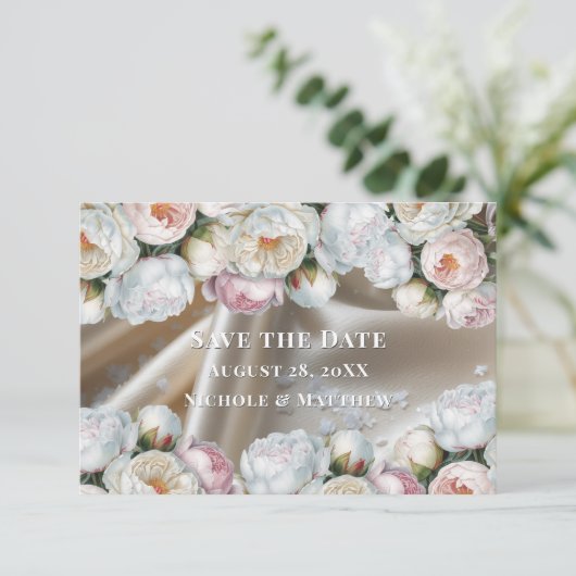 White Satin Roses and Peony Wedding Save The Date (Staand voorkant)