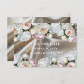 White Satin Roses and Peony Wedding Save The Date (Voorkant / Achterkant)