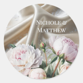 White Satin with Roses and Peony Wedding Ronde Sticker
