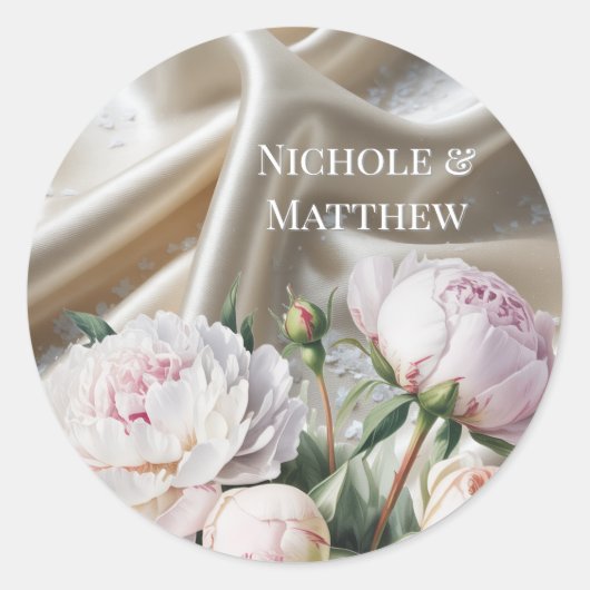 White Satin with Roses and Peony Wedding Ronde Sticker (Voorkant)