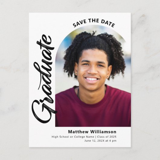 White Save Date Afstuderen Photo Arch Zwart Script Uitnodiging Briefkaart (Voorkant)