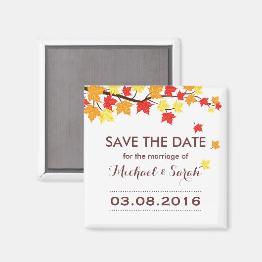 White Save the Date Maple Leaf Fall Wedding Magnet (Voorkant / Achterkant)