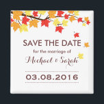 White Save the Date Maple Leaf Fall Wedding Magnet<br><div class="desc">Sparen de datummagneet met het vallen van paardenbladeren. Ideaal voor herfsttrouwreceptie. Levendige en heldere kleuren van de herfst. Pas de formulering aan bij elke gelegenheid met herfstthema. Vrijgezellenfeest,  baby shower,  verjaardag,  verlovingsfeest of zo. Ook geweldig als feestvieren.</div>