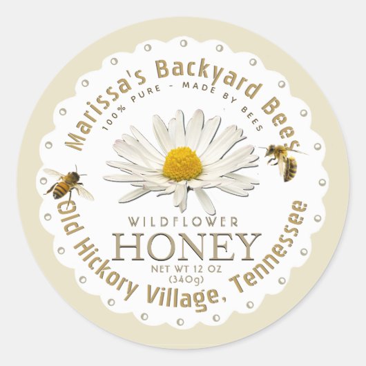 White Scallop Honey Label with Daisy and Honeybee (Voorkant)