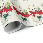 White Schattig Retro Kerstmis Kitten Red Bow Cadeaupapier (Rol Hoek)