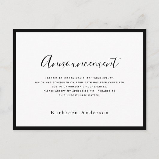 White Script Annuleringsaankondiging Briefkaart (Voorkant)