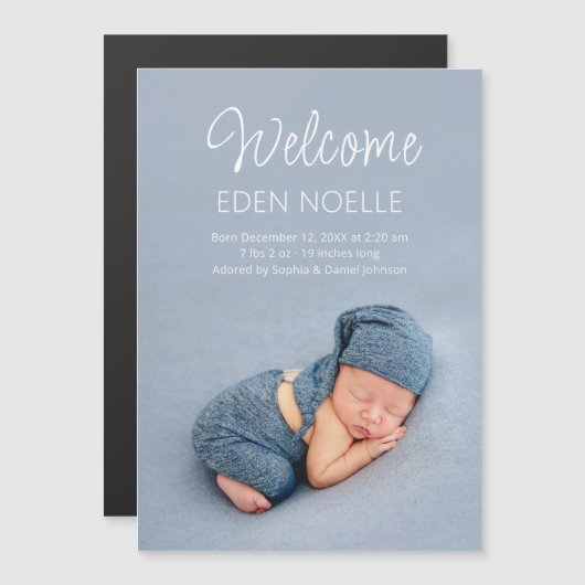 White Script Baby Foto Geboorteaankondigingsmagnee (Voorkant / Achterkant)