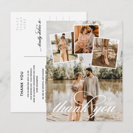 White Script Bedankt voor je bruiloft foto Collage Aankondigingskaart (Voorkant / Achterkant)