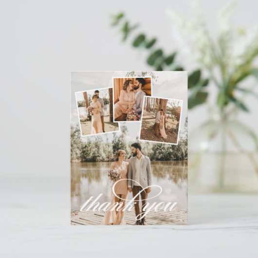 White Script Bedankt voor je bruiloft foto Collage Aankondigingskaart (Staand voorkant)