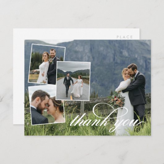 White Script Bedankt voor je bruiloft Foto Collage Aankondigingskaart (Voorkant / Achterkant)