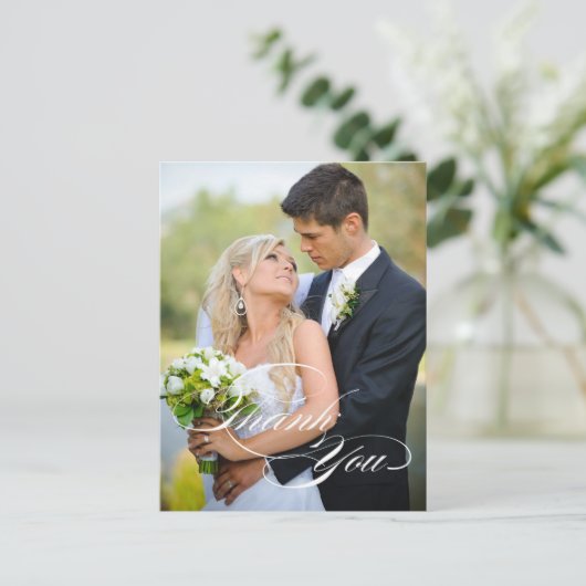 WHITE SCRIPT BRUILOFT BEDANKT FOTO BRIEFKAART (Staand voorkant)