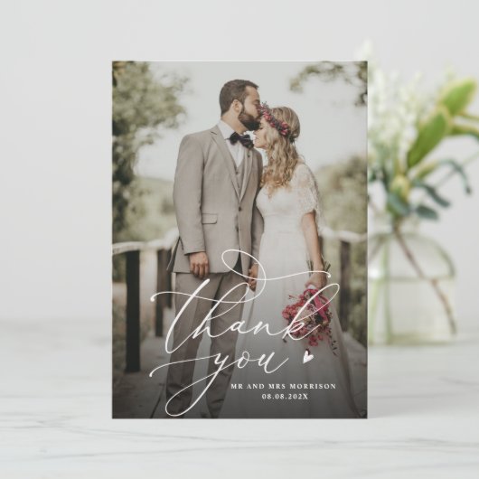 White Script Custom Photo Wedding Bedankkaart (Staand voorkant)