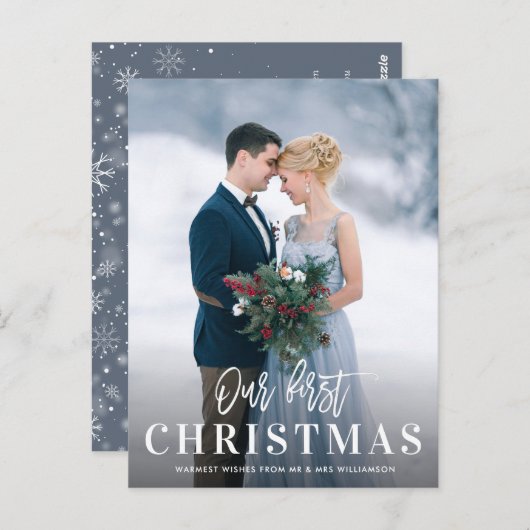 White script Eerste kerst bruiloft aankondiging Briefkaart (Voorkant / Achterkant)