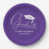 White Script Graduation Cap Paarse Papieren Bordje (Voorkant)