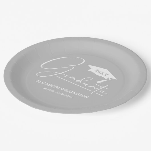 White Script Graduation Cap Silver Grey Papieren Bordje (Gekanteld)