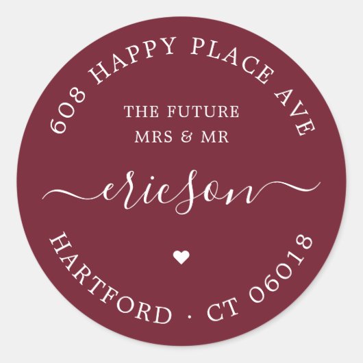 White Script Het toekomstige bruiloft retour adres Ronde Sticker (Voorkant)