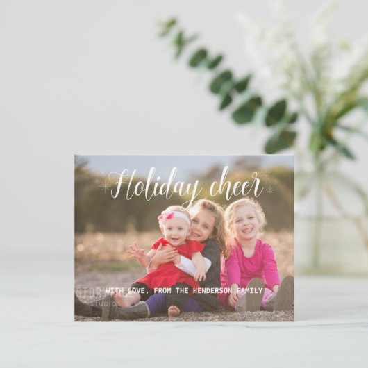 White Script Holiday Cheer Photo Briefkaart (Staand voorkant)