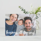 White Script Laughing All-Way Holiday Foto Feestdagenkaart (Staand voorkant)