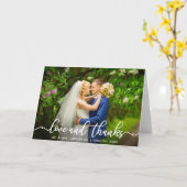 White Script Love and Bedankt Wedding Photo Fold Kaart (Gele Bloem)