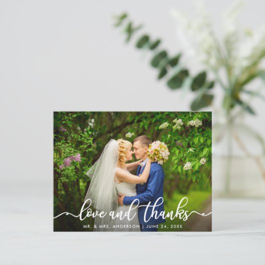 White Script Love en Bedankt | Weddenfoto Briefkaart (Staand voorkant)